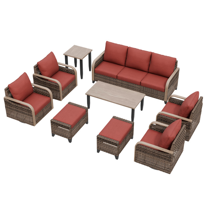 Ensemble de conversation d'extérieur pour 7 personnes avec coussins, Rouge
