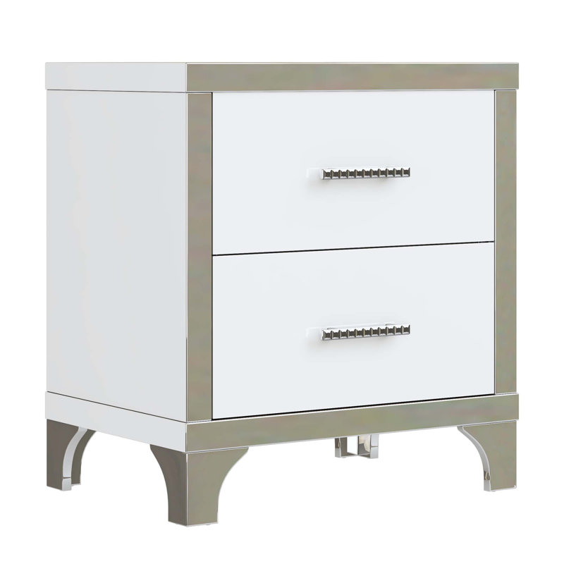 Table de chevet élégante avec poignée en métal et table de chevet à miroir avec 2 tiroirs pour la chambre à coucher et le salon