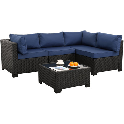 Patio Sectional 5 Pieces All-weather Wicker Patio Furniture Set Outdoor Sectional With Glass Patio Table Non-slip Cushions And Waterproof Covers, Navy Blue