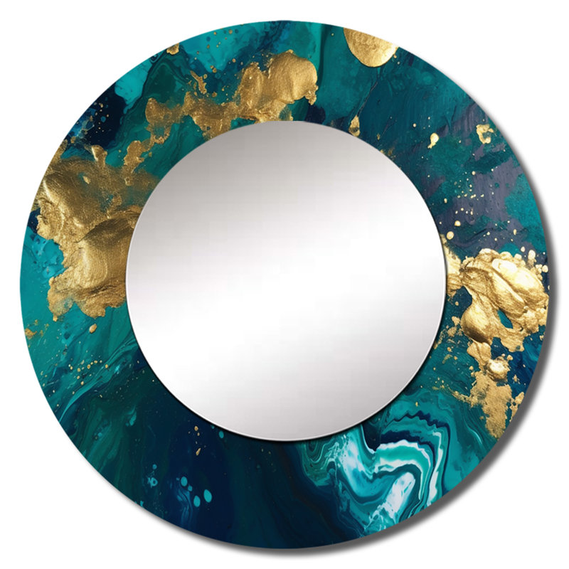 Savannahrose bleu sarcelle et or liquide Magic II - miroir décoratif abstrait, miroir mural bleu sarcelle, art imprimé en métal
