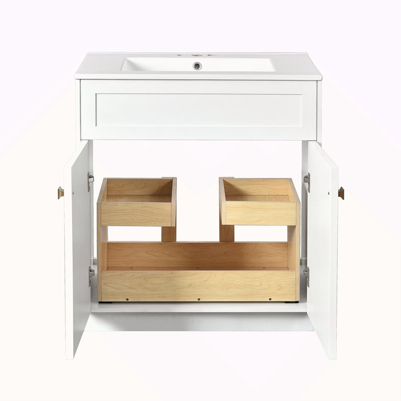 Meuble-lavabo 30 po avec lavabo en céramique, armoire de rangement autoportante moderne avec poignées dorées, portes à fermeture douce
