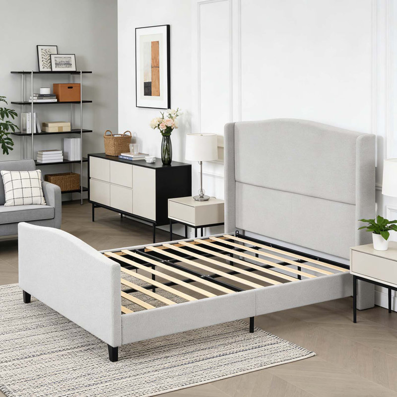 Lit plateforme haut avec tête de lit et pied de lit Upholstere, Très grand lit, Gris