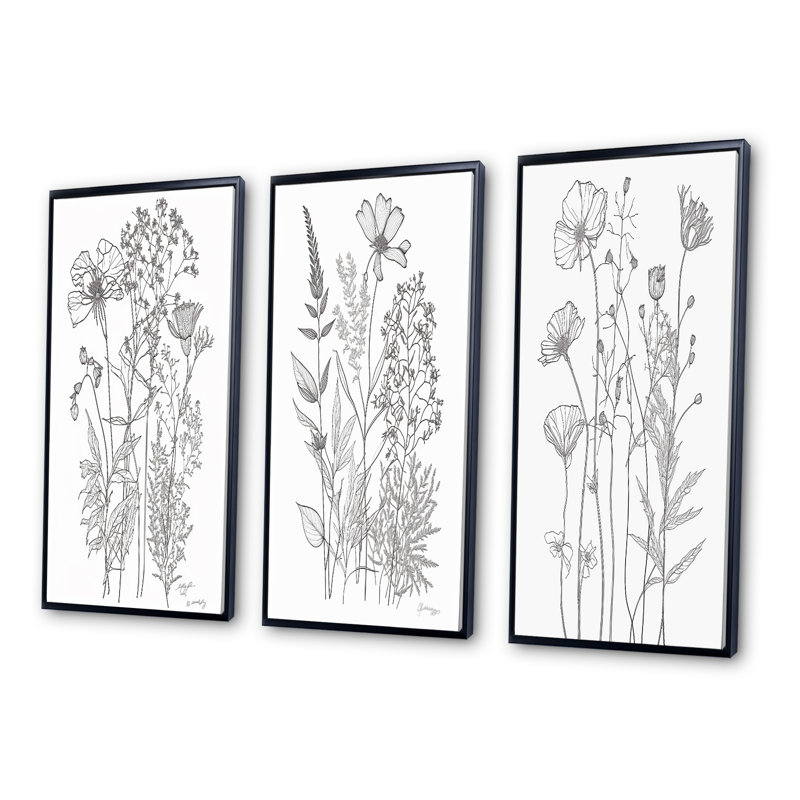"Minimal Wildflowers Dessin noir sur blanc III" 3 - pièces sur, Cadre flottant noir, H 40 po x l 60 po