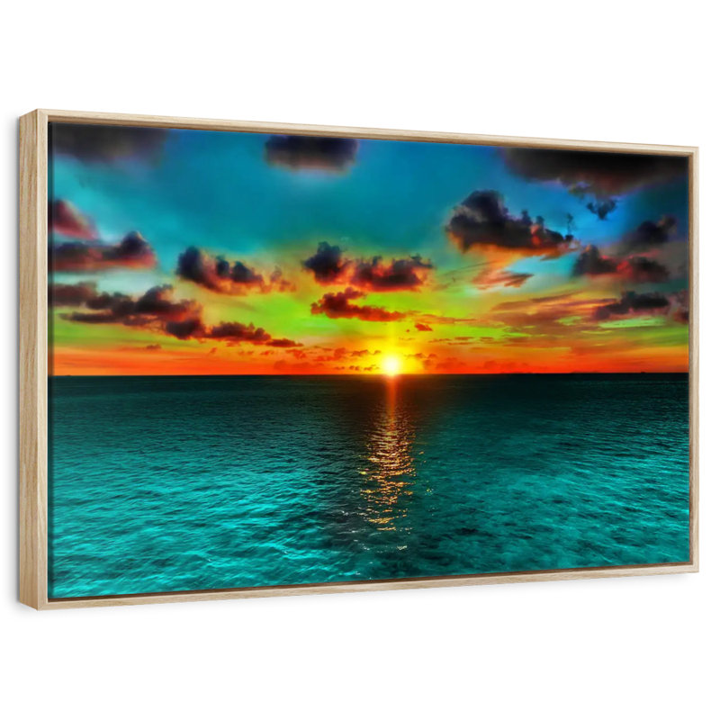 Coucher de soleil et océan, Cadre flottant en bois naturel, 19 po x 13 po