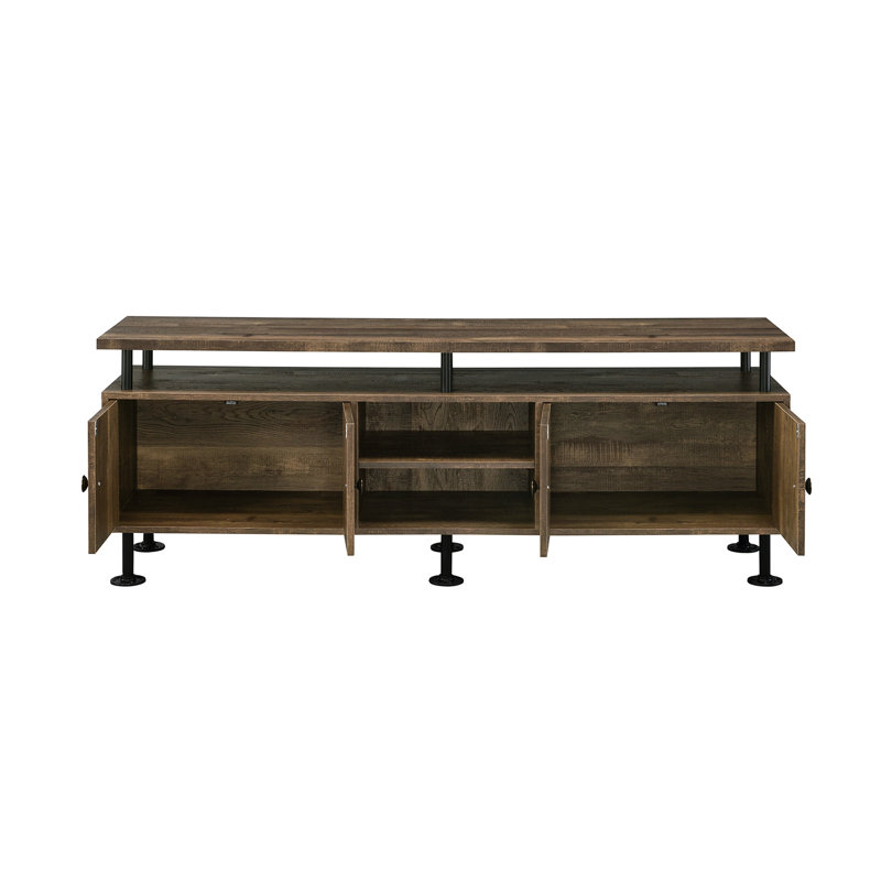Meuble télé de 60 pouces avec structure en chêne rustique et métal noir, 4 compartiments ouverts, rangement pour porte, système de gestion des câbles pour 69 systèmes de divertissement.