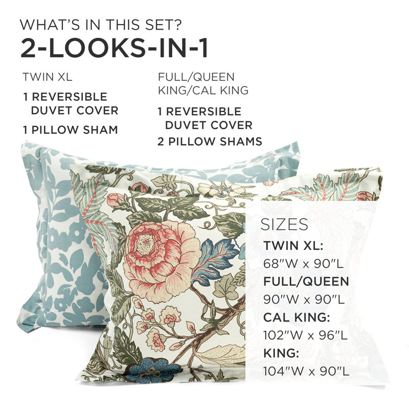 Sydney Twin XL Green Blue Reversible Cotton Floral Duvet Cover Set