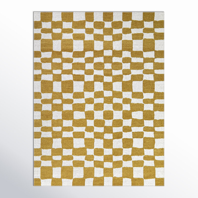 Rectangle Canales Geometric Machine Woven Recycled P.E.T. Area Rug in Yellow/White, Rectangle 5'3" x 7'
