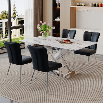Modern 63" Rectangular Faux Marble Dining Set with Faux Leather Chairs
