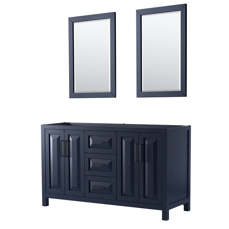 Base de meuble-lavabo double de salle de bain 59" avec miroir seulement Daria, Bleu foncé / noir mat