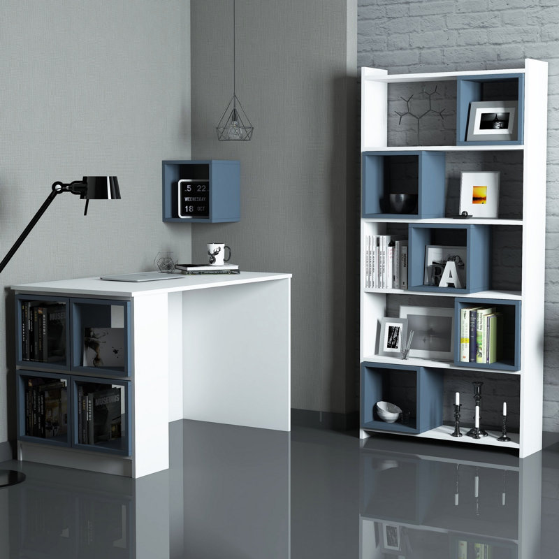 Ensemble de bureau et bibliothèque Modern Study, blanc et bleu, bureau 47,2 x 29,5 x 25,6 pouces | Bibliothèque 31,5 x 66,9 x 8,7 pouces | Tablette murale 11,8 po x 11,8 po x 9,4 po | Panneau de particules enduit 100% mélamine, design élégant et fonctionnel