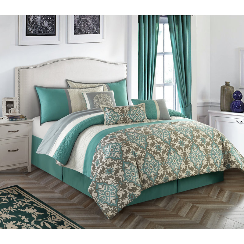 Reina Comforter Set, King Comforter + 6 Additional Pieces, Mineral Blue/Gray
