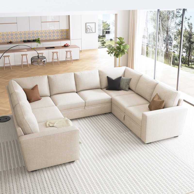 Canapé-lit modulaire convertible en forme de U Niyona, Polyester beige