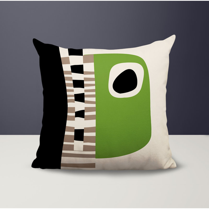 Oreiller carré réversible intérieur / extérieur Rikka, Chartreuse / noir / blanc cassé abstrait, H 17 po x l 17 po