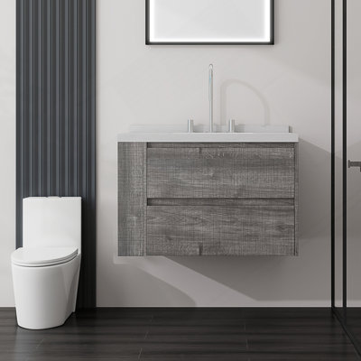 Meuble-lavabo suspendu de 76 cm (30 pouces) avec comptoir en marbre reconstitué et tiroirs à fermeture en douceur