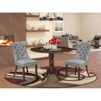 3-Piece Antique Walnut Finish Solid Wood Top-Round Upholstered Dining Room Set with Dropleaf-Seats 4