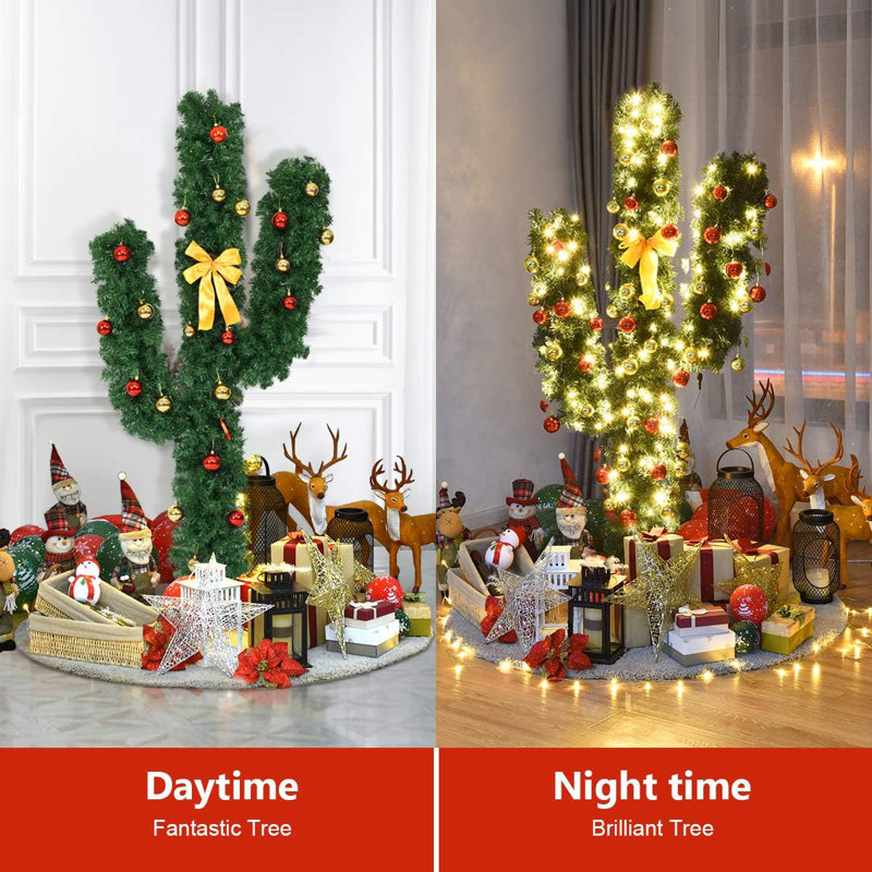 5ft Green PVC Cactus Christmas Tree with LED Lights and Bowknot