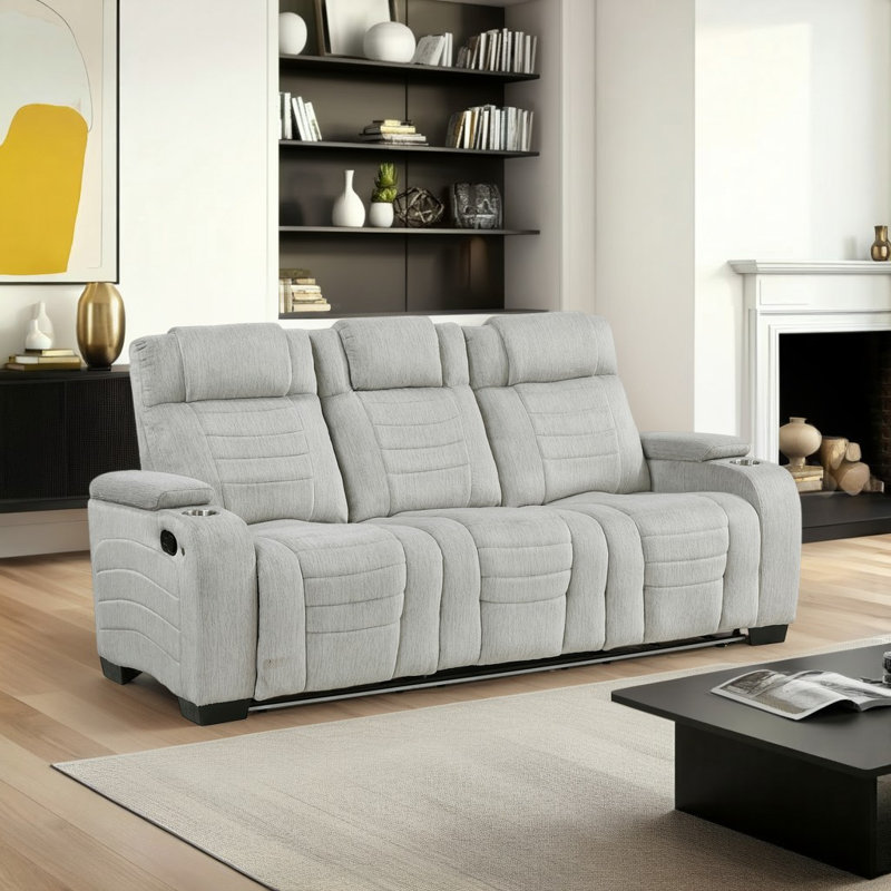 Canapé moderne et contemporain de 84 po Denning - Canapé inclinable en microfibre avec table rabattable (électrique et USB), rangement dissimulé pour les accoudoirs, éclairage DEL et inclinaison confortable.