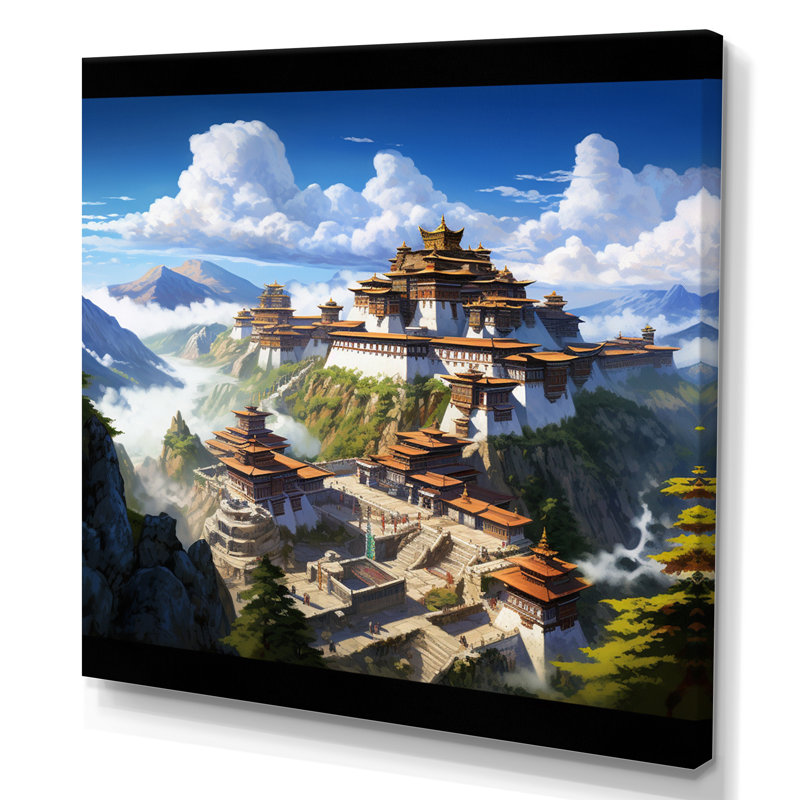 Art asiatique, monastère tibétain I sur toile, H 30 po x l 30 po x P 1 po, Toile tendue