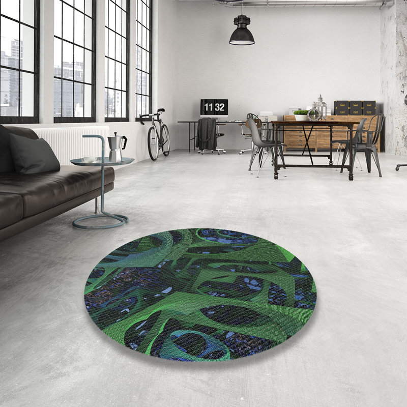 Tapis vert/bleu à motifs, Rond 4 pi