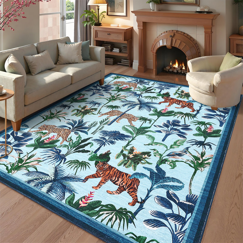 Tiger Area Rug for Living Room, Machine Washable Non-Slip Low Pile Rug, Botanical Jungle Animal Print Rug, Stain-Resistant Soft Foldable Floor Covering