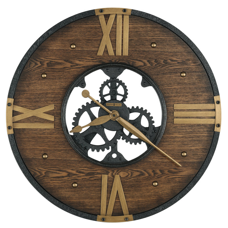 Murano Modern & Contemporary Oversized Wall Clock, Textured Matte Black Wrought Iron Frame with Wood Numeral Ring and Decorative Gears