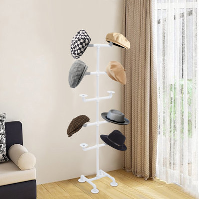 Industrial White Metal Freestanding Hat Rack, 10-Tier Display Stand for Baseball & Cowboy Hats, 17.30" W x 61.00" H