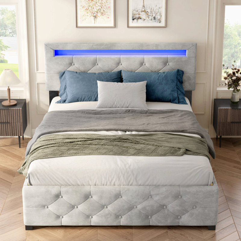 Base de lit tapissier avec rangement à 4 tiroirs et éclairage à DEL, aucun sommier tapissier requis, Lit double