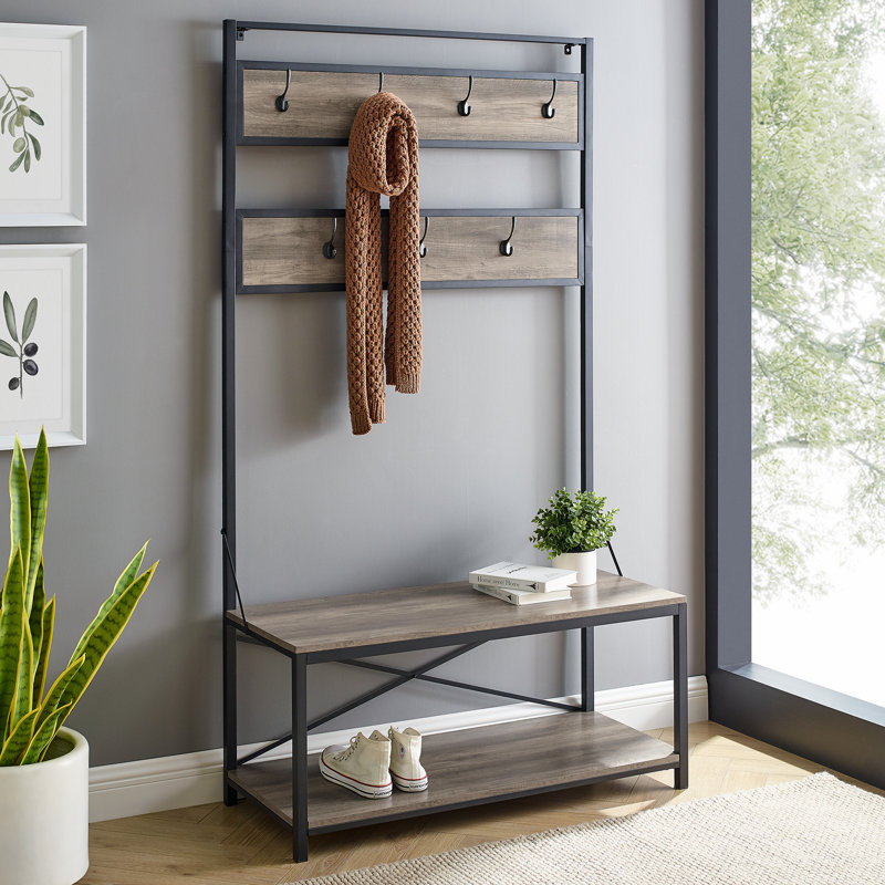 Everheart Hall Tree 40'' Wide with Shoe Storage, Gray Wash