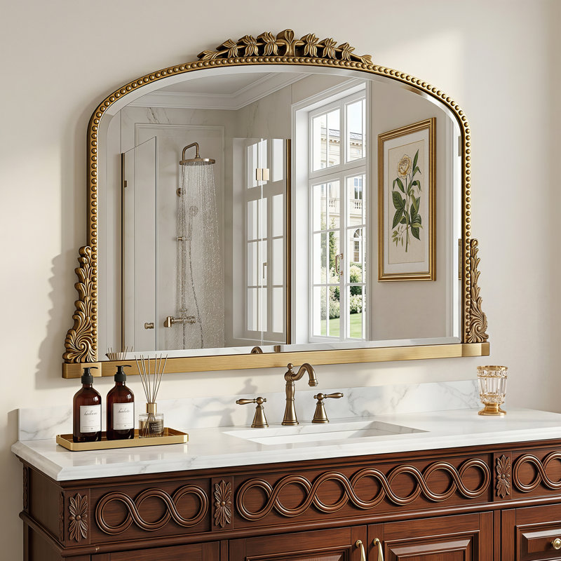 Miroir de salle de bain rétro gravé, miroir mural arqué, Or, 32"×40"