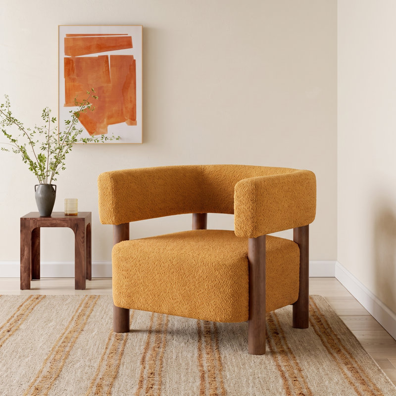 Lejon Boucle Upholstered Accent Chair With Rubberwood Legs, Yellow, Walnut
