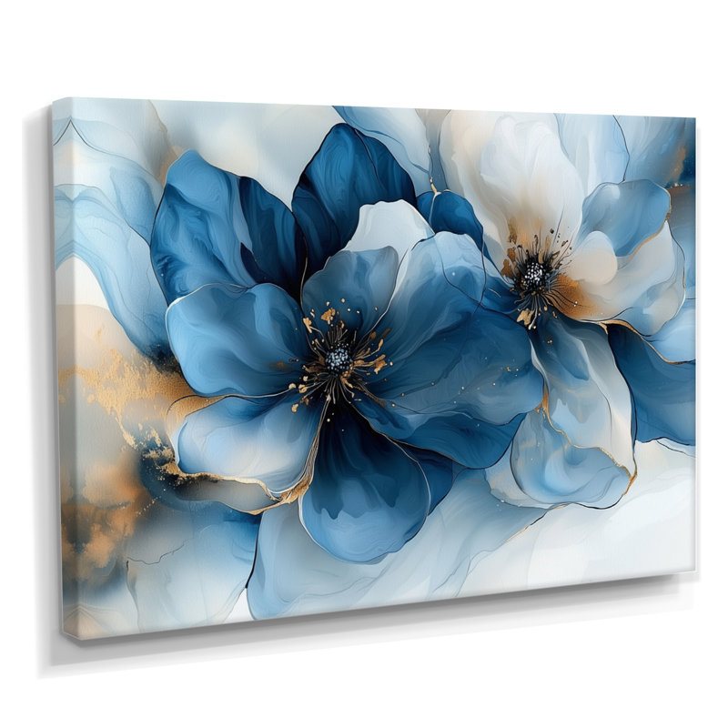 Velours blanc, bleu, chrysanthèmes, rivière à encre I - art mural Apple Blossom, H 30 po x l 40 po, Toile tendue sur cadre