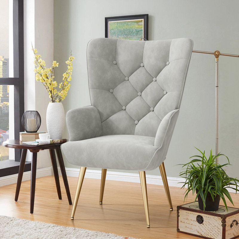 Bastoam 50Cm Wide Tufted Velvet Wingback Chair, Grey, 1