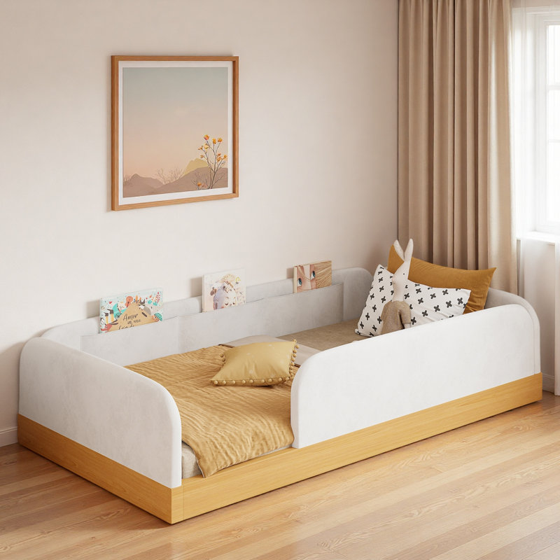 Upholstered Platform Bed With Guardrail And Storage Bags