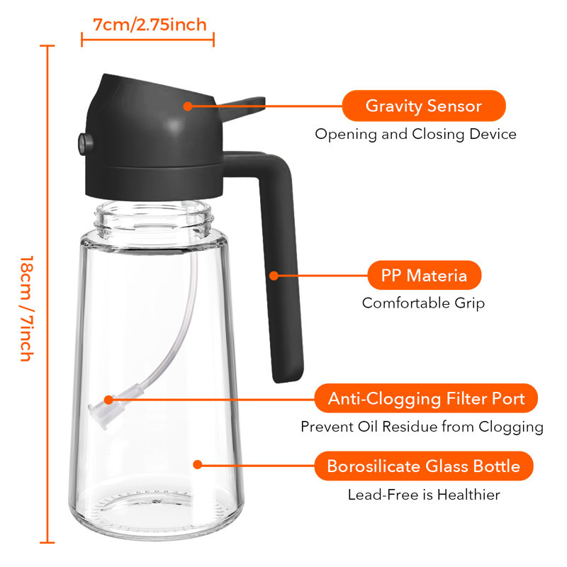  Vaporisateur d'huile 16 oz / 470 ml en verre 2-en-1 et distributeur avec autocollants, sans BPA, pour la cuisson, la salade, le barbecue (noir blanc)