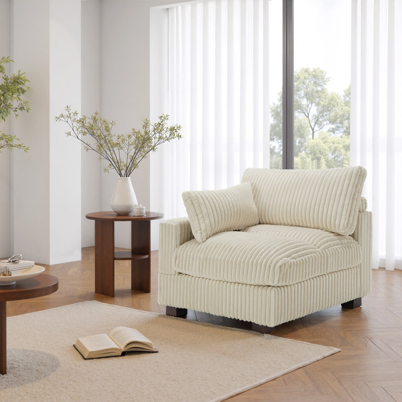 Upholstered Faux Rabbit Fur Flannel Armchair with Pillow Back, One Arm Single Chair Module Part For Sectional Sofa, White