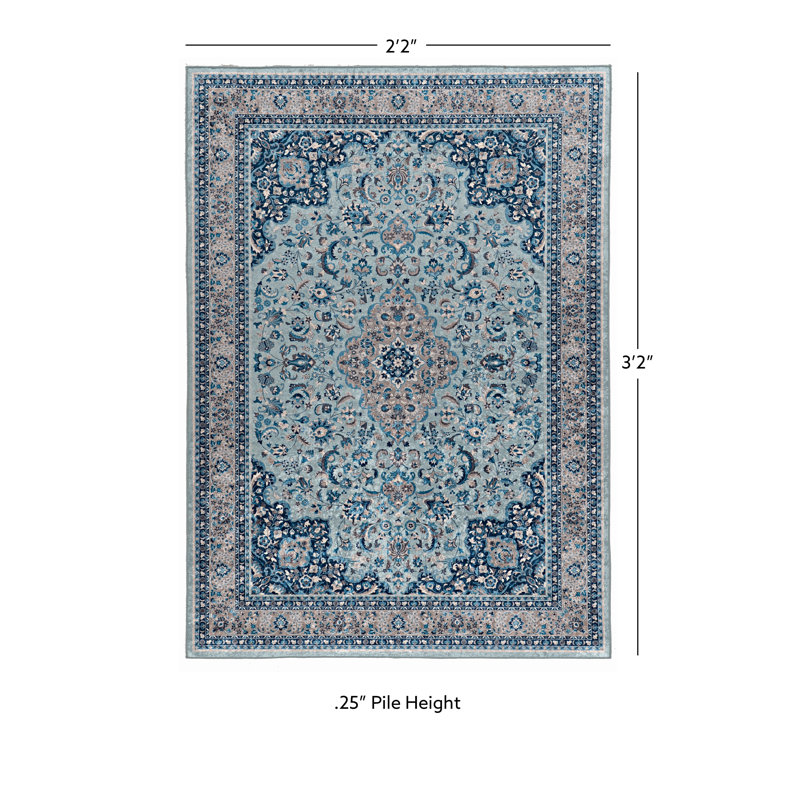 Emanuel Traditional Machine Woven Flatweave Light Blue and Blue Area Rug with Non Skid Backing , Rectangle 2'2" x 3'2"