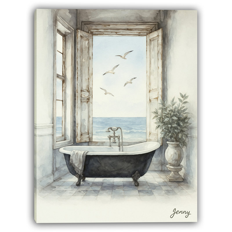 «Seaside Escape Bath View», art mural sur toile de fenêtre océanique, H 16 po x l 12 po