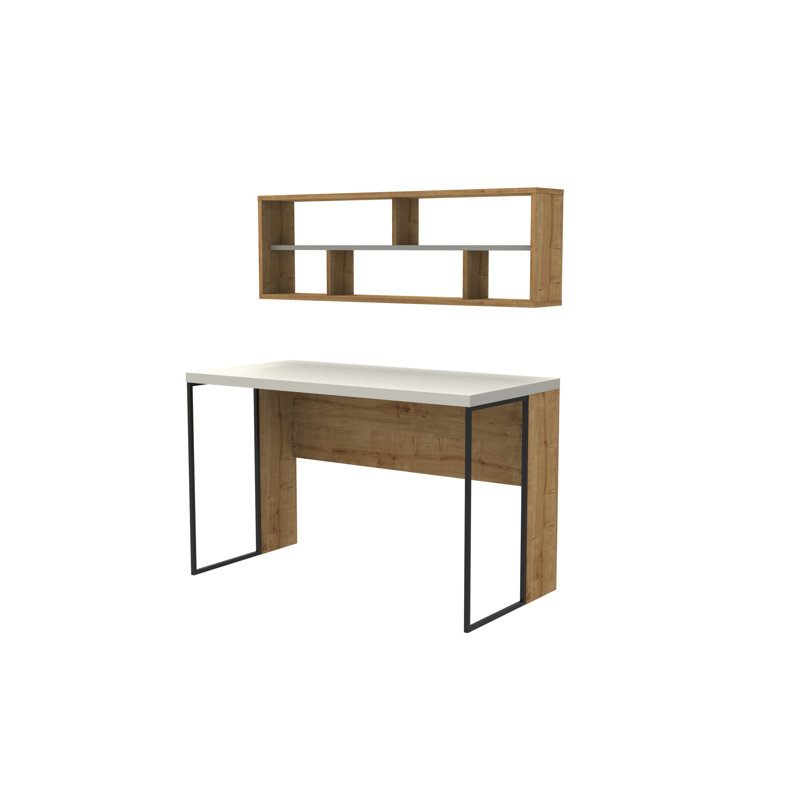 Traudel Writing Desk With Wall Shelf, Oak/White