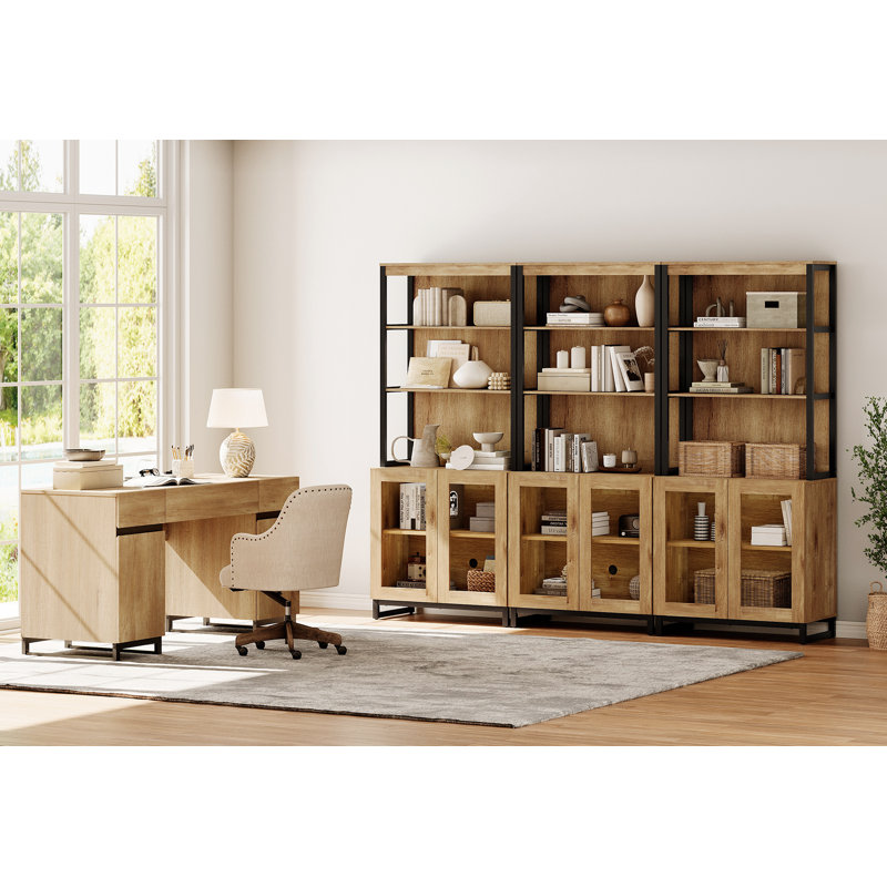  Home Office Furniture Set: 59" Executive Desk With Charging Station And Storage Cabinet, Three 72" Tall Bookcases, Modern Computer Desk And Library Shelf For Work Study