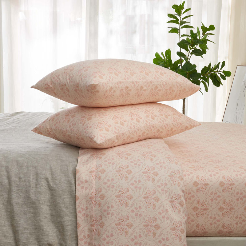 Ensemble de draps 100% coton, Ensemble de draps pour grand lit + un drap-housse, Floral - rose