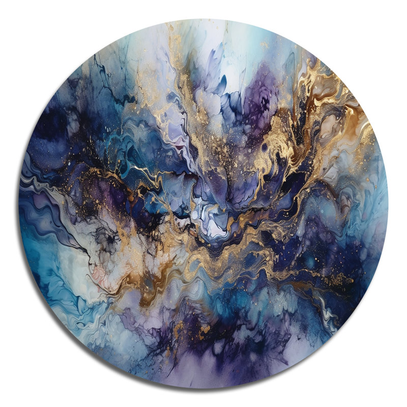Encre liquide dorée captivante liquide I - marbre abstrait rond, art mural en métal, H 23 po x l 23 po x P 1 po