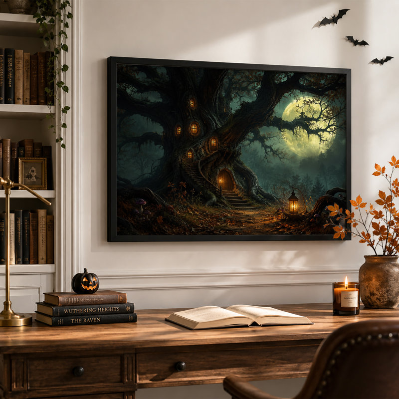 Art mural sur toile Magical Treehouse In Moonlit Forest, 16"H x 24"W