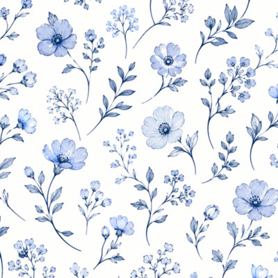 Papier peint adhésif pelez et collez fleurs de printemps botaniques rétro bleues blanches l 23,6 po x H 118 po Papier peint amovible auto-adhésif pour les armoires de chambre de bébé