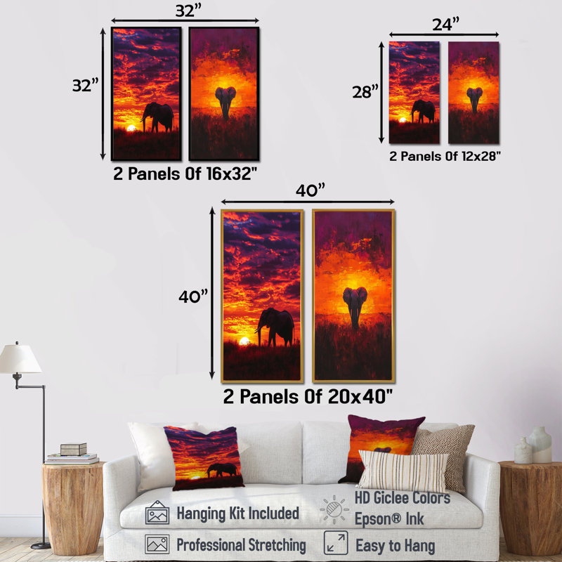 Éléphant d'Afrique au coucher du soleil I - Collection d'art mural 2 animaux, 28" H x 25" W, Toile tendue