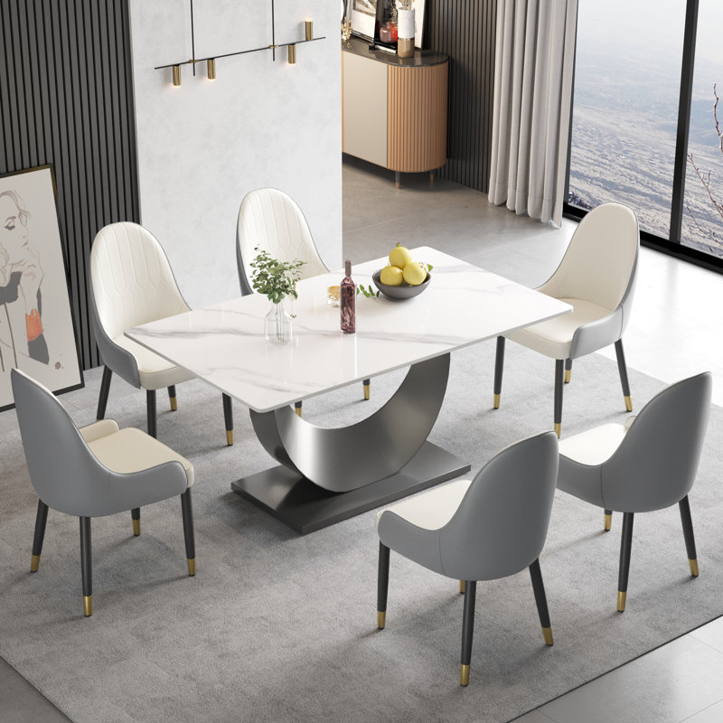 7 - Piece 63 L x 35.43 W Pedestal Dining Set, White, Ligh Gray/White