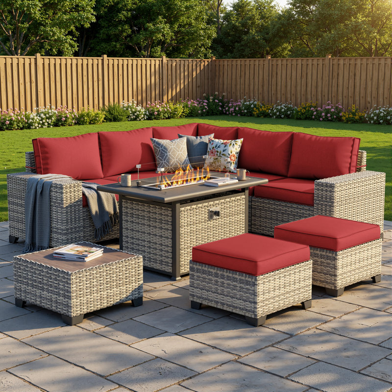 9-Piece Outdoor Modular Patio Conversation Set With Fire Pit Table, Sectional Sofa & Ottomans, Red