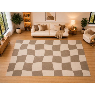 Tapis à damier ondulé « ultra léger », grand format (201 x 300 cm), idéal pour le salon, la chambre ou la salle à manger. Doux et à poils courts, envers antidérapant, couleur taupe crème.