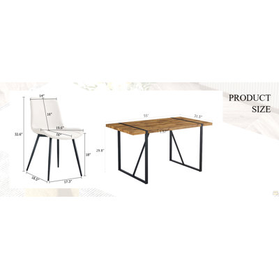 Ensemble table et chaises, dessus texturé couleur bois vieilli, pattes en métal noir. Chaise de salle à manger avec coussin de dossier en similicuir blanc et pieds en métal noir.