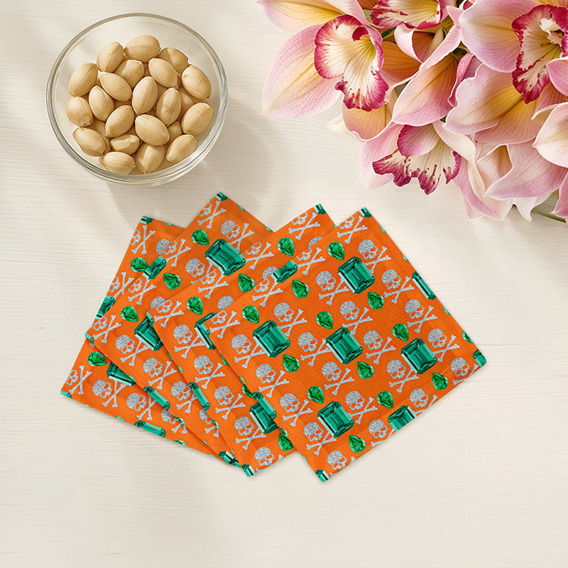 Gem Emeralds Skull Cotton Sateen Cocktail Napkins, Orange