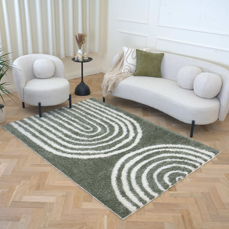 Moodi Modern Shaggy Area Rug Abstract Line Design, Rectangle 80 x 150 cm, Green